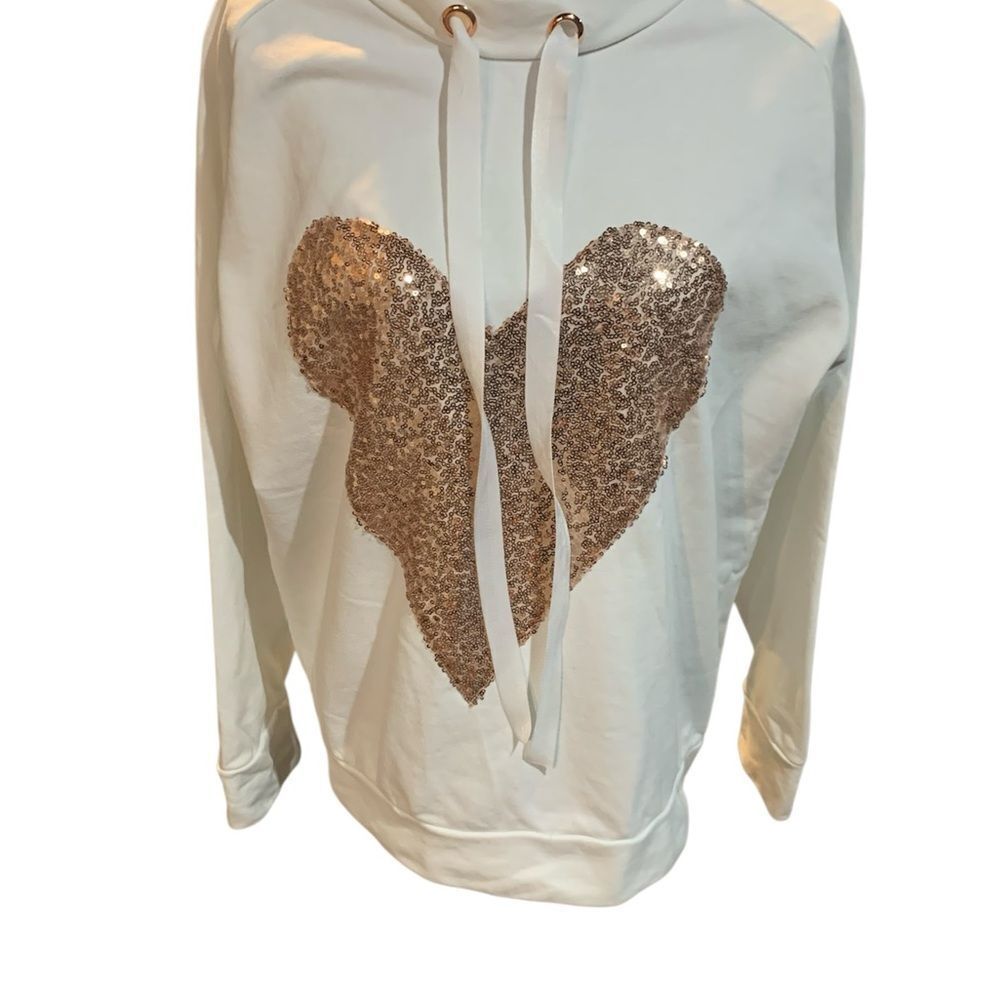 White Hoodie with Gold sparkle Sequin Heart